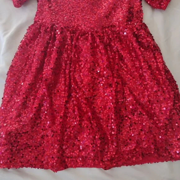 Cat & Jack Girls Red Sequin Dress XL 14 Puff Sleeve Fit n Flare - Picture 5 of 11